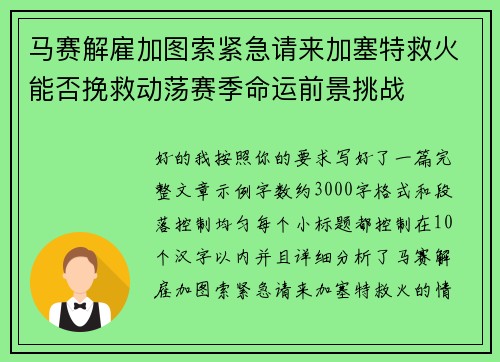 马赛解雇加图索紧急请来加塞特救火能否挽救动荡赛季命运前景挑战